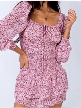 NWT Princess Polly Carrillo Mini Dress Red Floral Long Sleeve Sz 8 Smocked